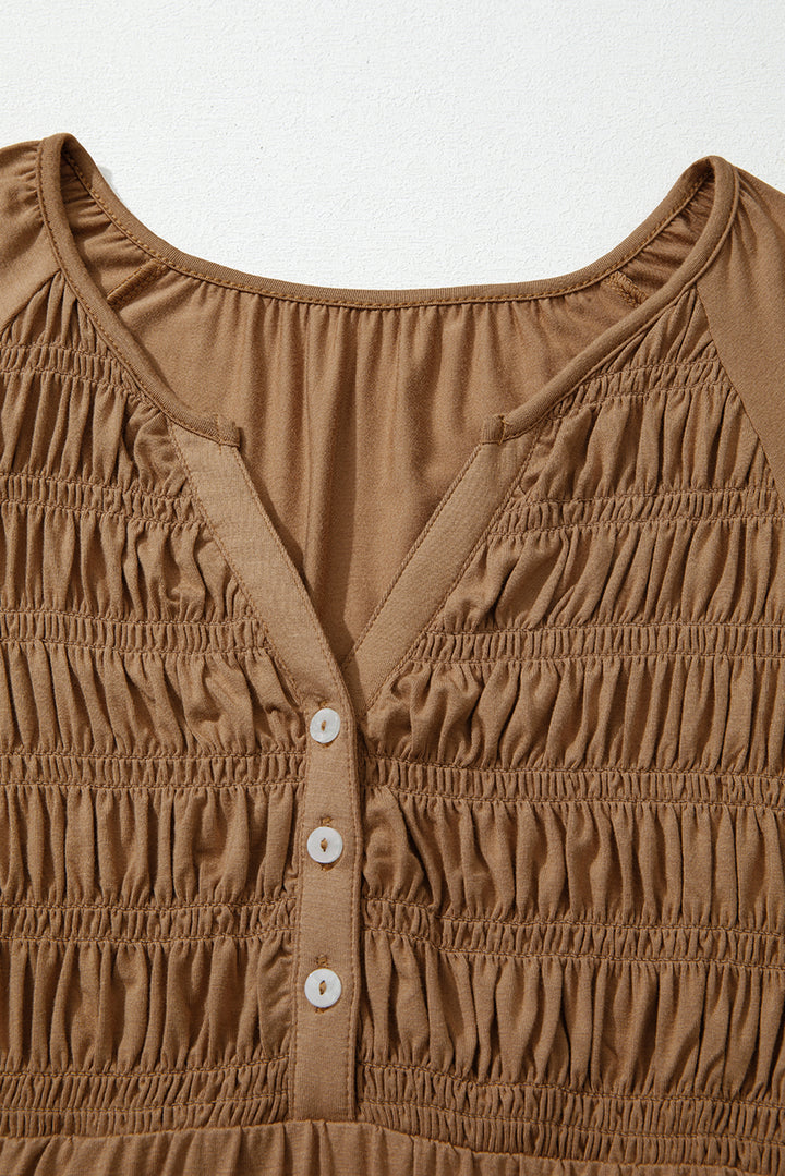 Cinnamon Smocked Bust Buttoned Split V Neck Flowy Blouse