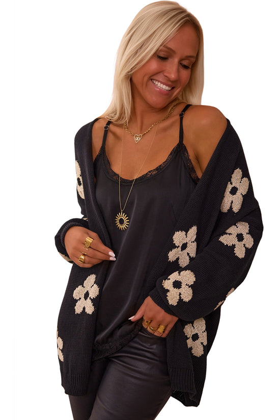 Black Floral Print Knitted Open Front Loose Cardigan | Women