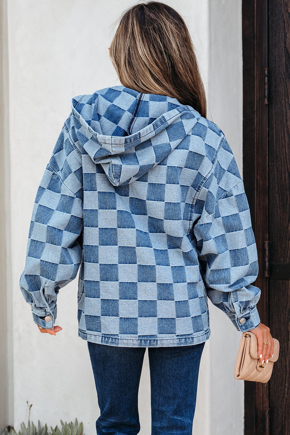 Sky Blue Checkerboard Oversized Zipped Neck Kangaroo Pocket Denim Hoodie