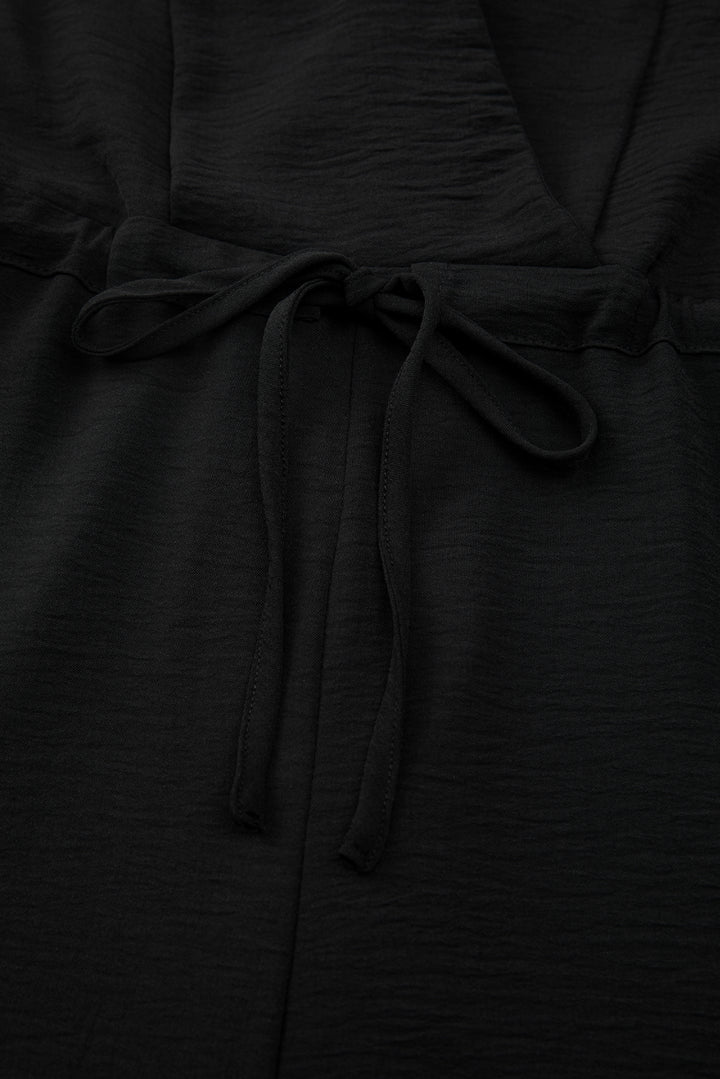 Black Solid Spaghetti Strap Wide Leg Drawstring High Waist Jumpsuit
