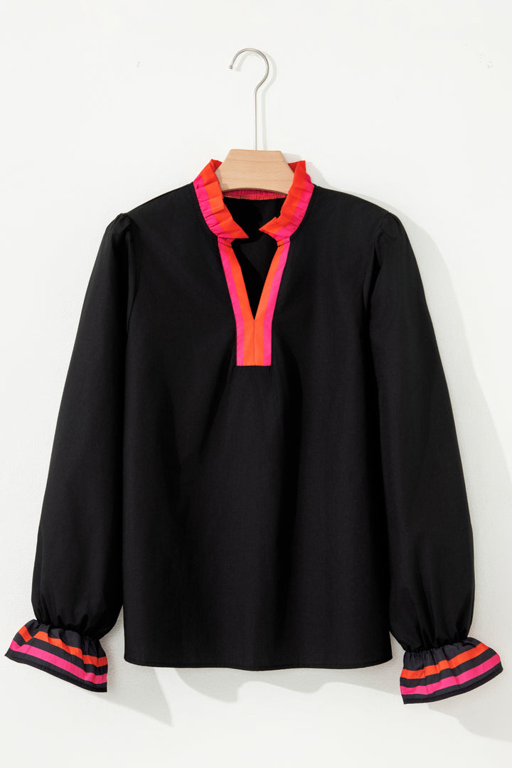 Black Striped Trim Ruffle Split Neck Long Sleeve Blouse