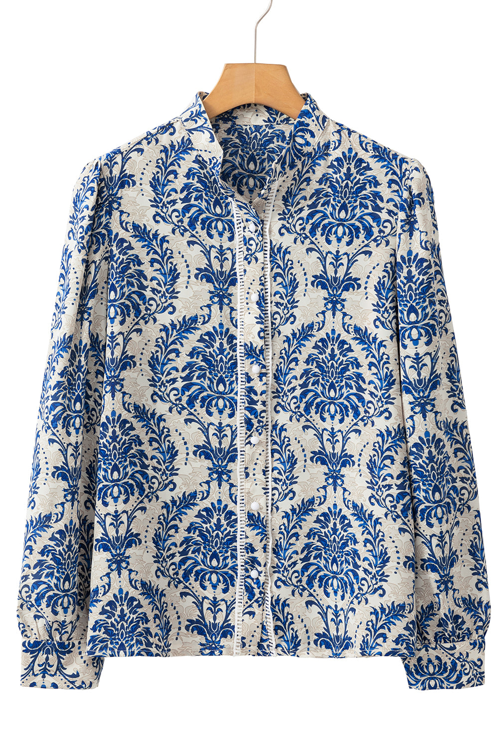 Sky Blue Bohemian Printed Bishop Sleeve Lace Shirt | Women