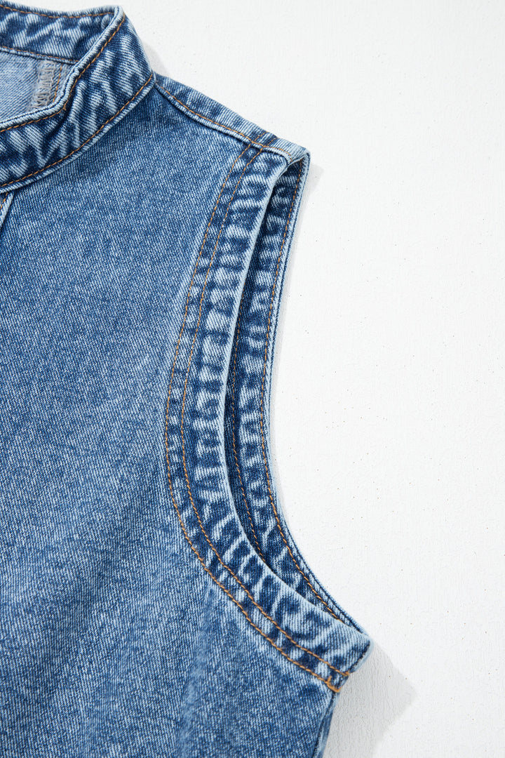 Myosotis Western Belt Button Down Sleeveless Denim Short Dress