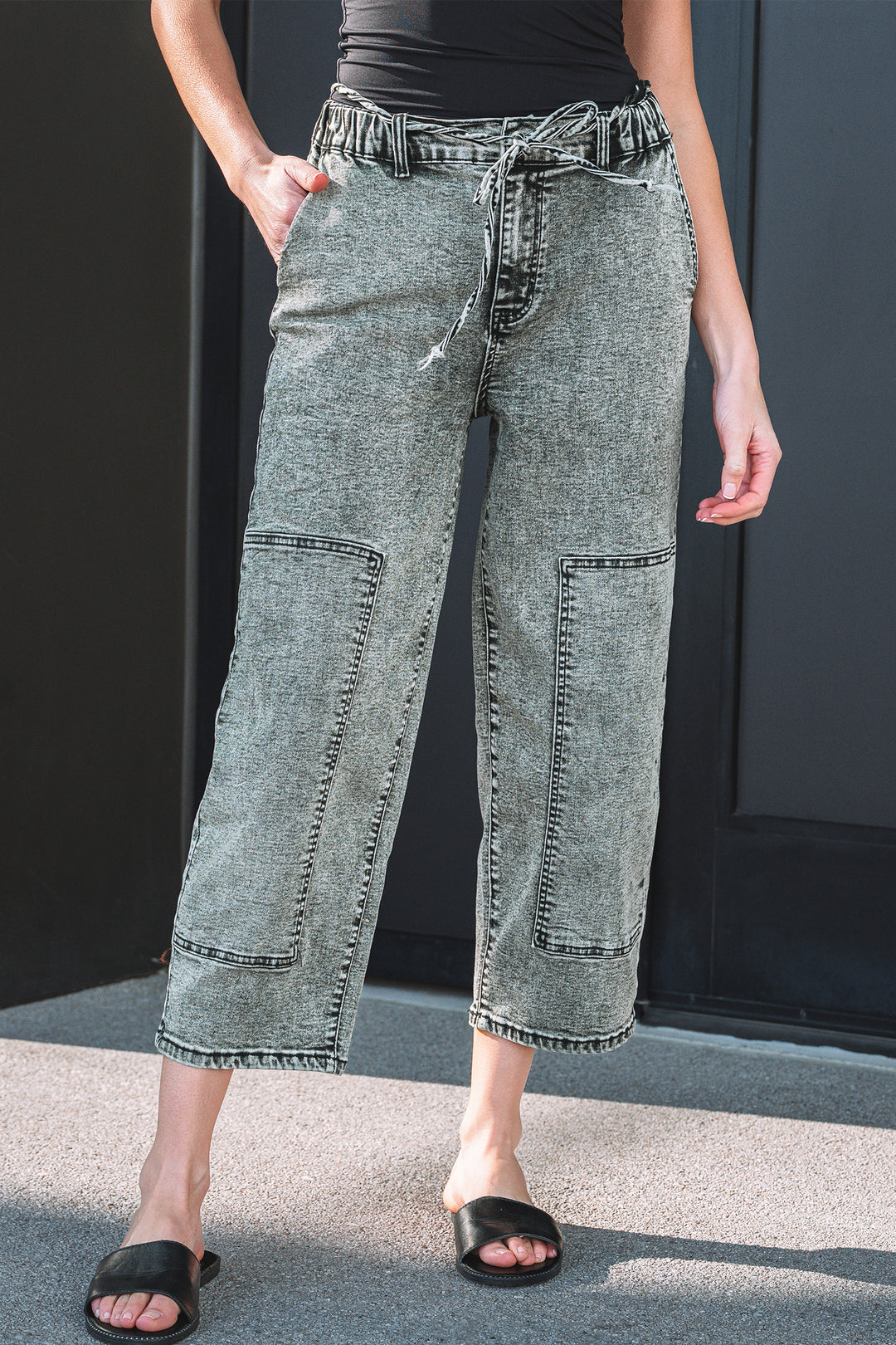 Smoke Gray Acid Wash Tie Waist Denim Pants