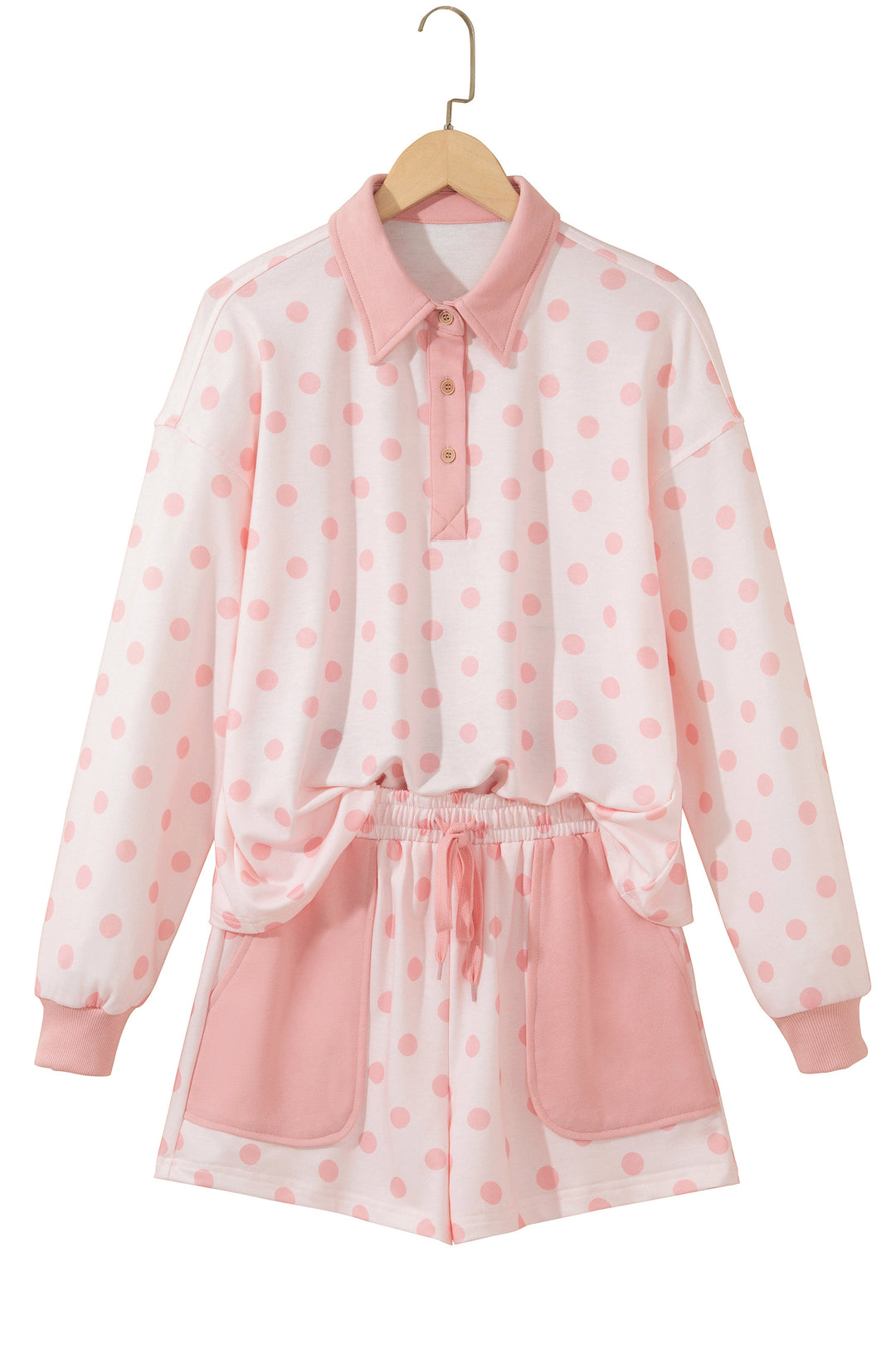 Pink Polka Dot Drop Shoulder Polo Loose Pullover Patch Pocket Casual Shorts Set