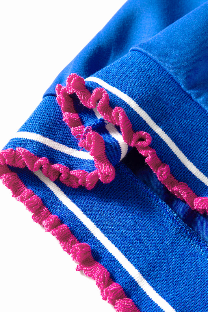 Sky Blue Contrast Frilled Trim Button Collared Short Sleeve Knit Top