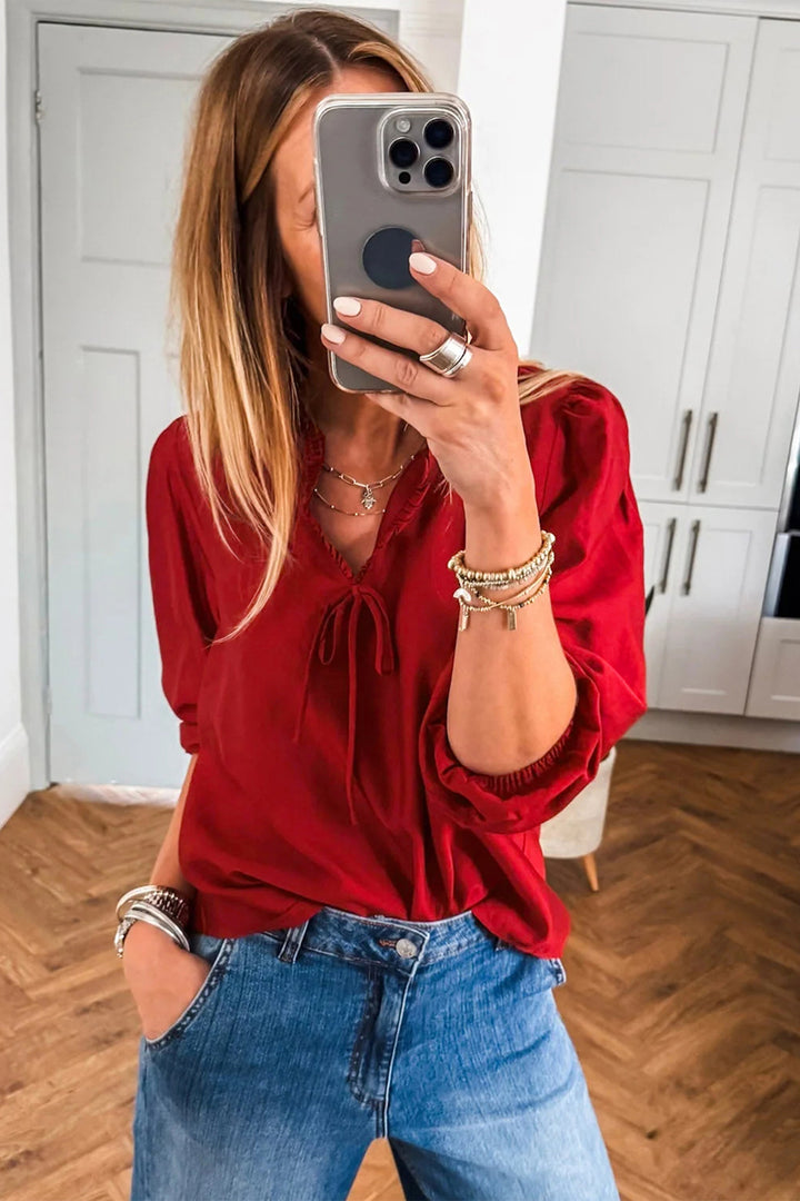 Fiery Red Solid Color Frilled V Neck Bow Detail 3/4 Sleeve Blouse