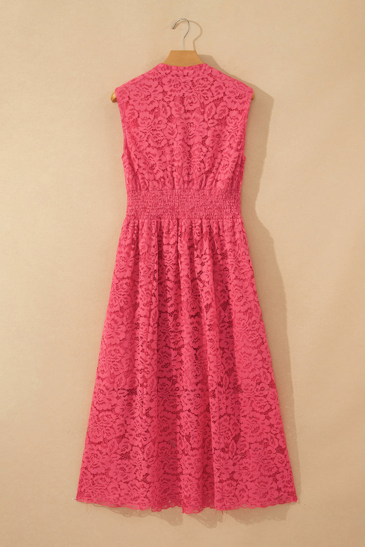Coral Floral Lace Overlay Zip Up V Neck Smocked Waist Sleeveless Dress
