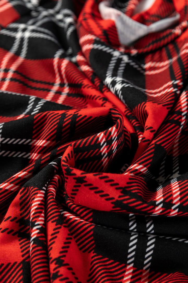 Red Festive Plaid Print Round Neck Long Sleeve and Pants 2 Piece Lounge Set