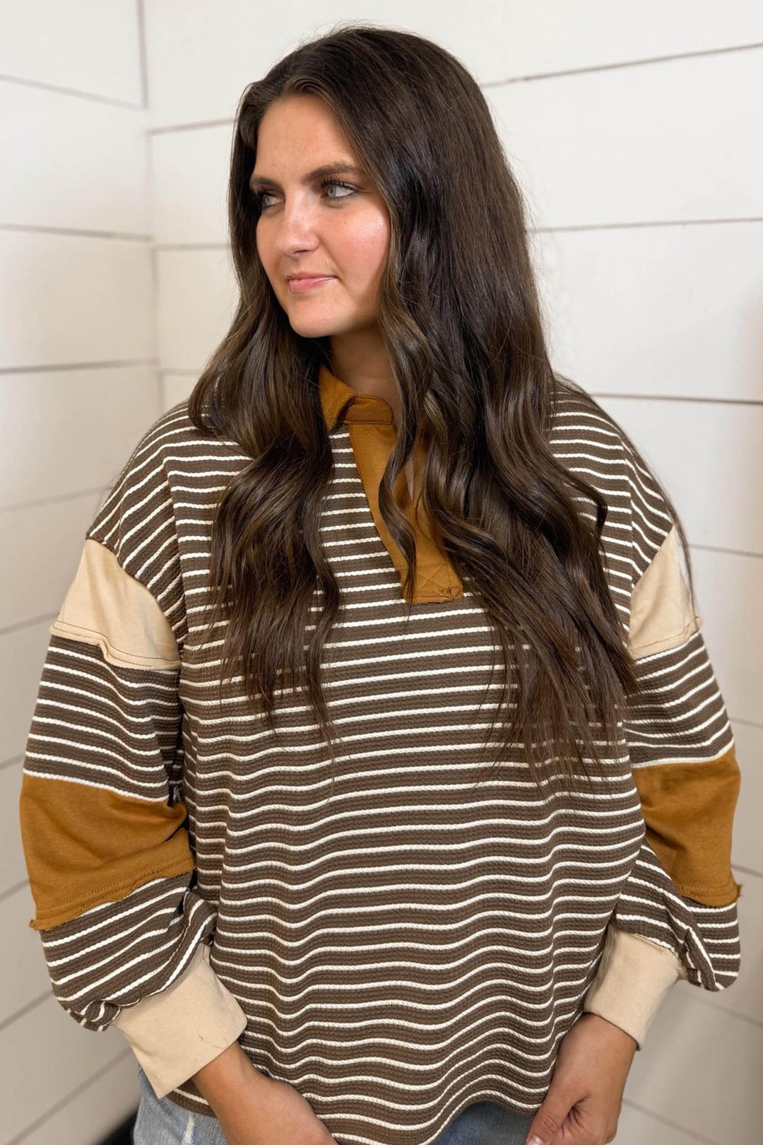 Brown Stripe Colorblock Detail Collar V Neck Plus Size Long Sleeve Top