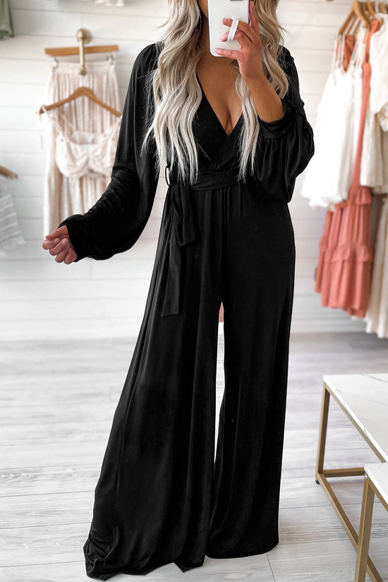 Black Cutout Back Belted V Neck Wide Leg Jumpsuit | Women