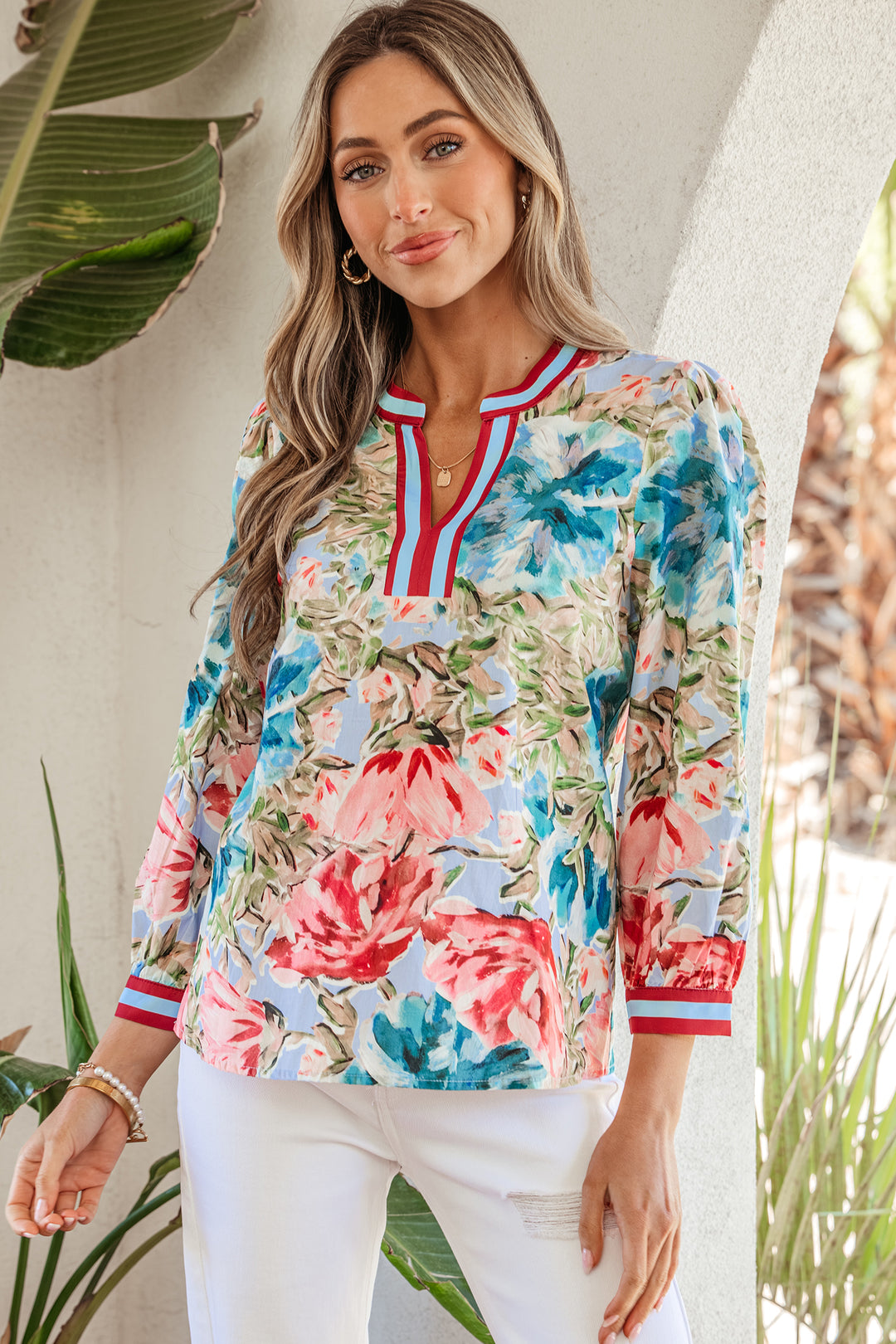 Sky Blue Contrast Trim V Neck Cuffed Bracelet Sleeve Floral Blouse