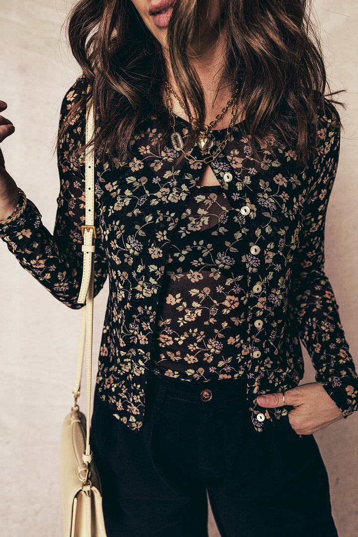 Black Floral Print Mesh Tank Button Front Slim Cardigan 2pcs Set