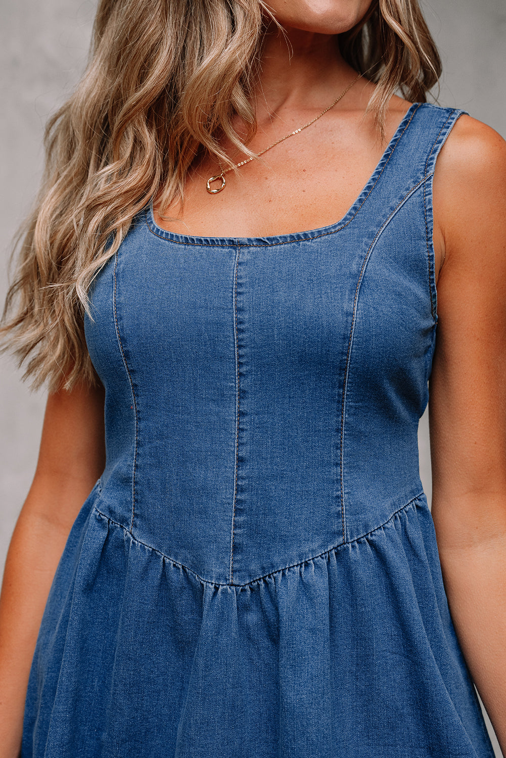 Sail Blue Square Neck Bowknot A-line Sleeveless Denim Dress