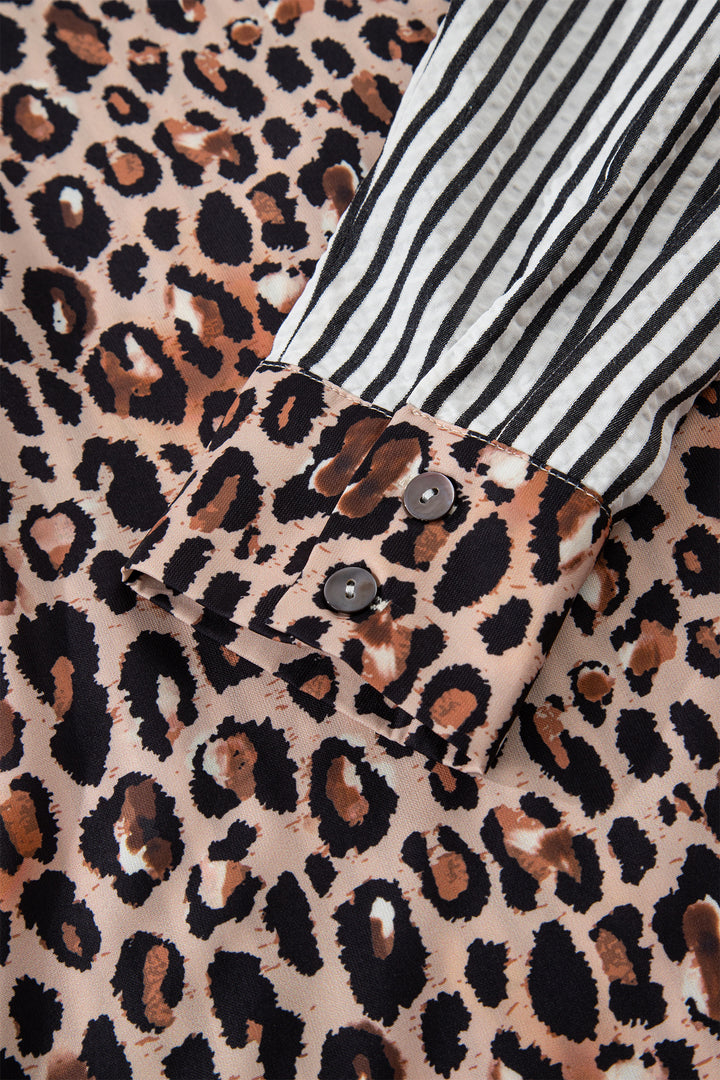 Black Striped Leopard Print Patchwork Button Up Womens Shirt