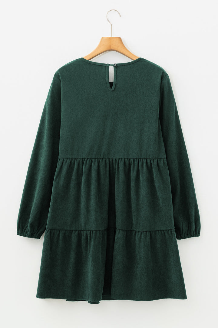 Dark Brown Lantern Sleeve Tiered Mini Dress