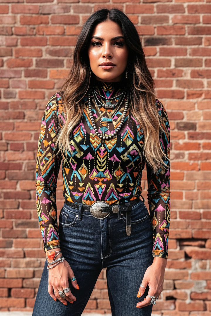 Color black Abstract Print Long Sleeve Stand Neck Mesh Top