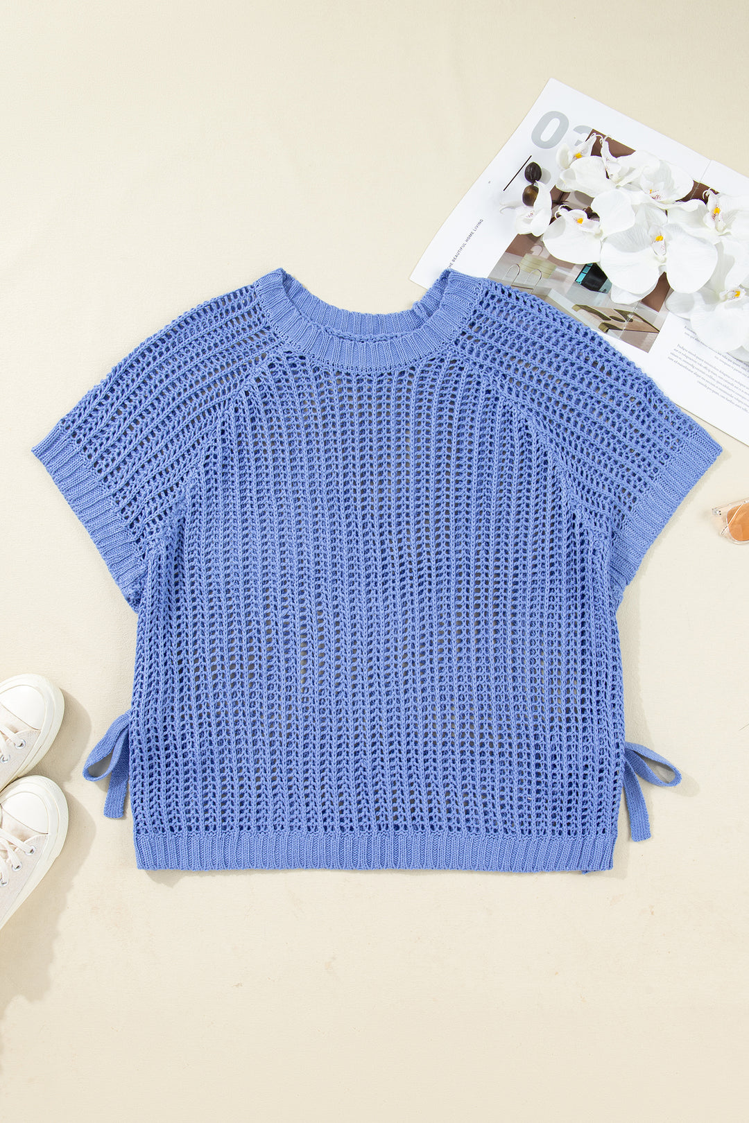 Ashleigh Blue Plus Size Open Knit Bow Tie Short Sleeve Sweater