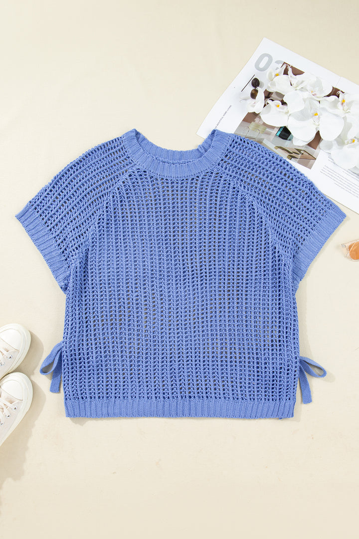 Ashleigh Blue Plus Size Open Knit Bow Tie Short Sleeve Sweater