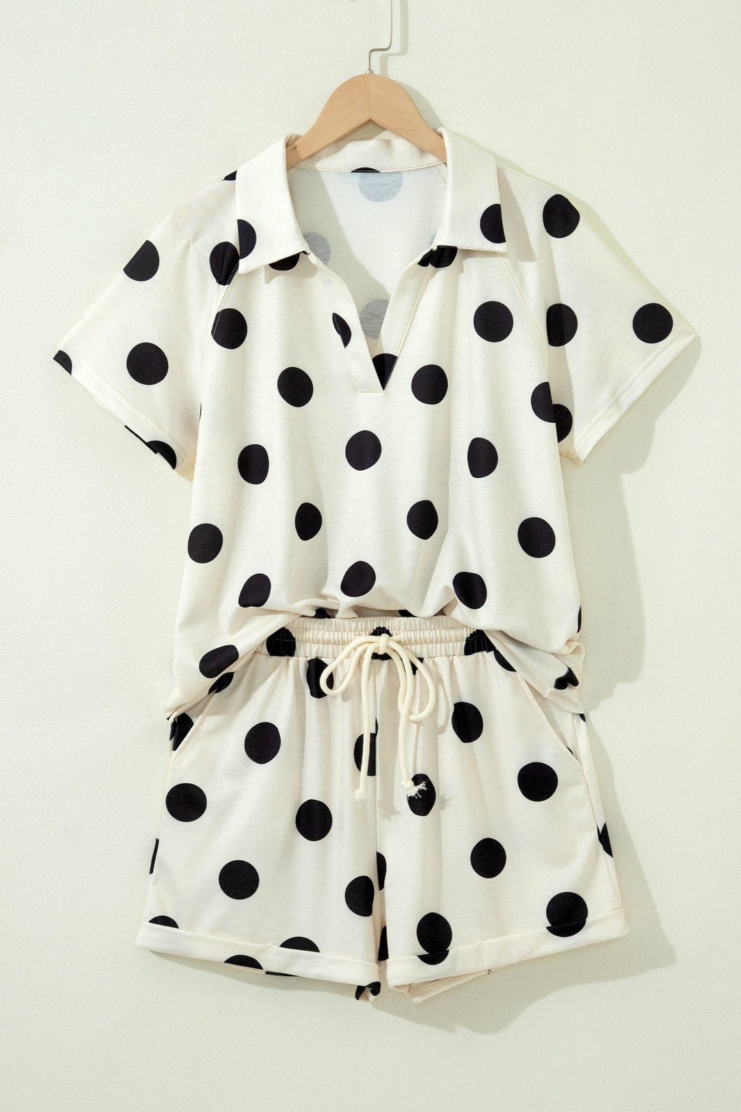 Pink Polka Dot Print V Neck Tee Short Set