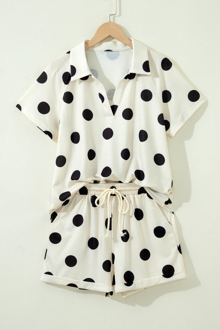 Pink Polka Dot Print V Neck Tee Short Set