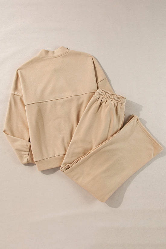 Apricot Solid Seamed Zipper Jacket and Drawstring Waist Pants Set