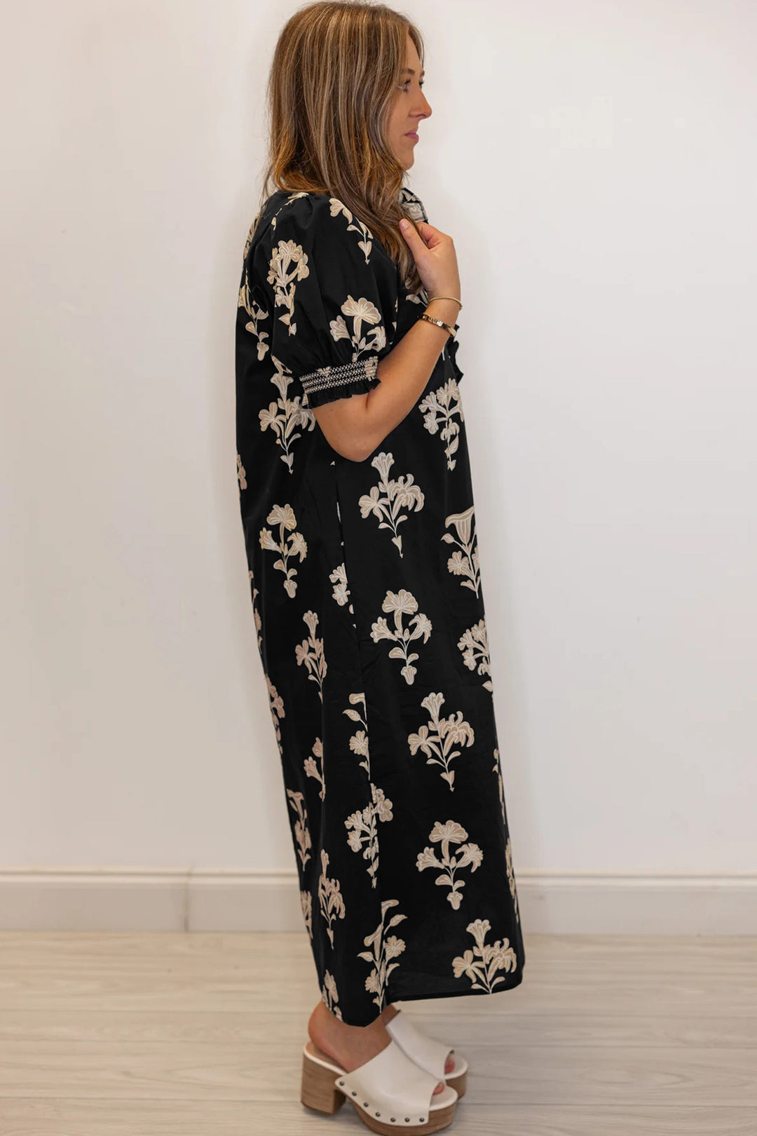 Black Floral Print Frilled Collar Short Puff Sleeve Maxi Dress