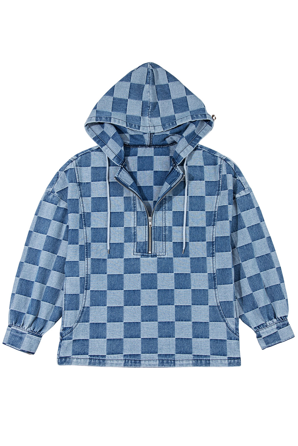 Sky Blue Checkerboard Oversized Zipped Neck Kangaroo Pocket Denim Hoodie