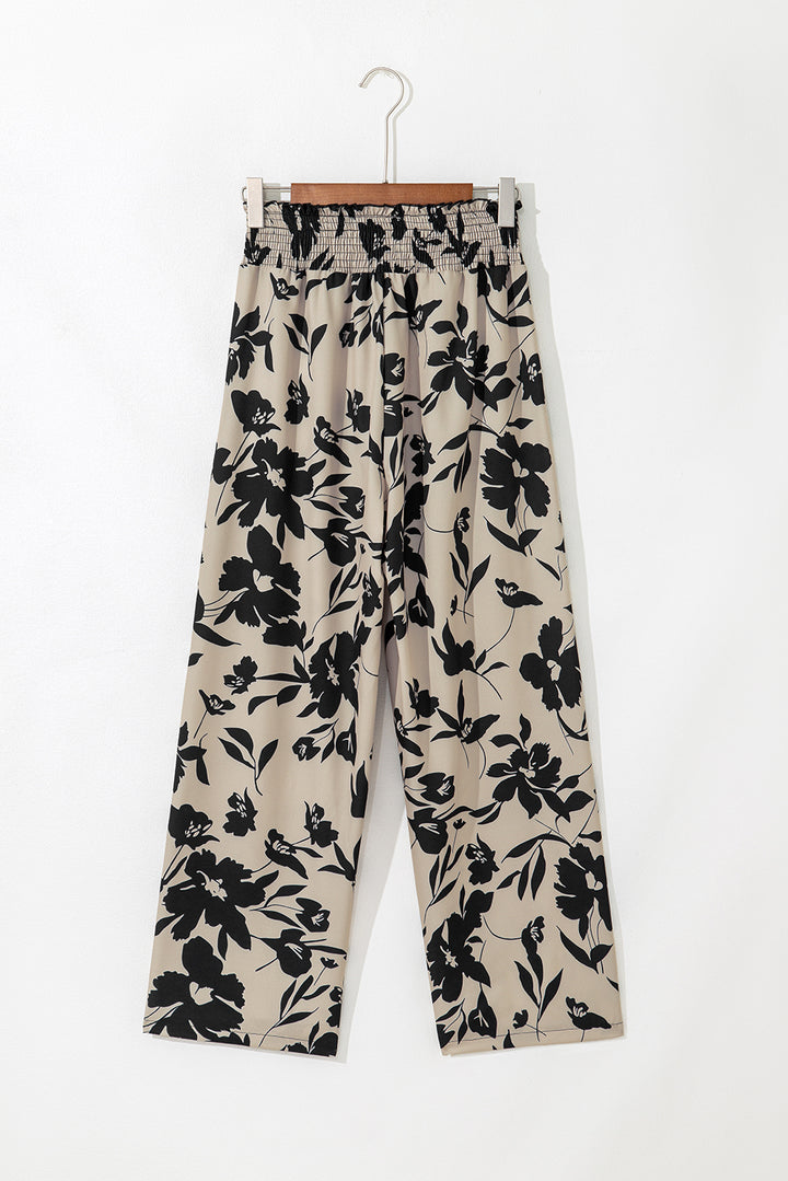 Khaki Floral Print Smocked High Waist Wide Leg Pants