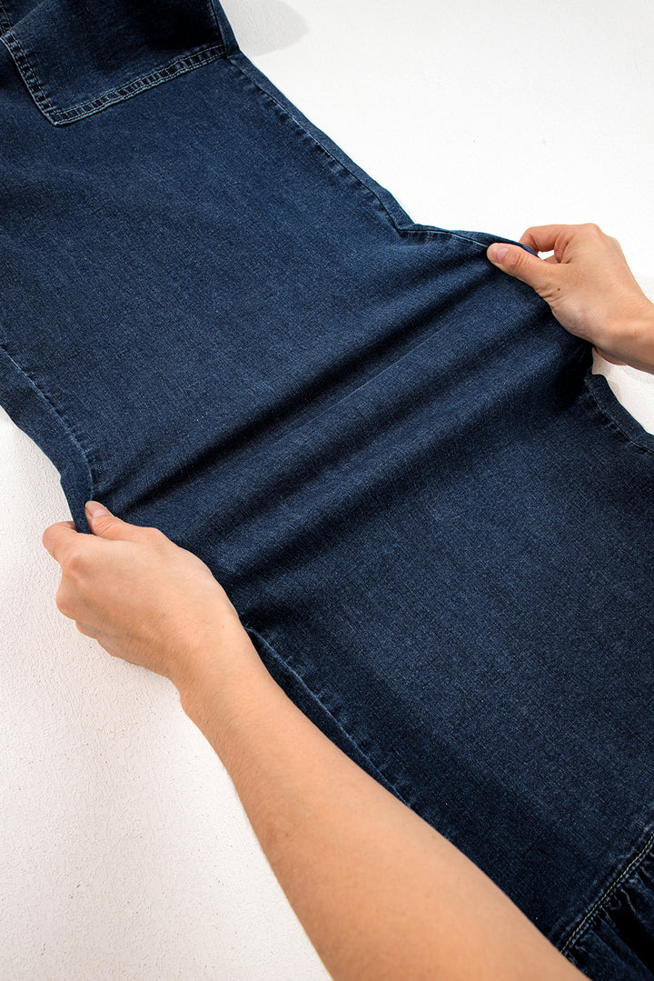 Dirty blue Plus Size Elastic Waist Ruffled Wide Leg Denim Pants