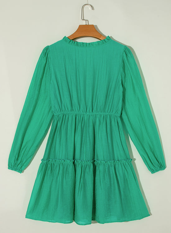 Sea Green Frilly V Neck Puff Sleeve Drawstring Shift Mini Dress