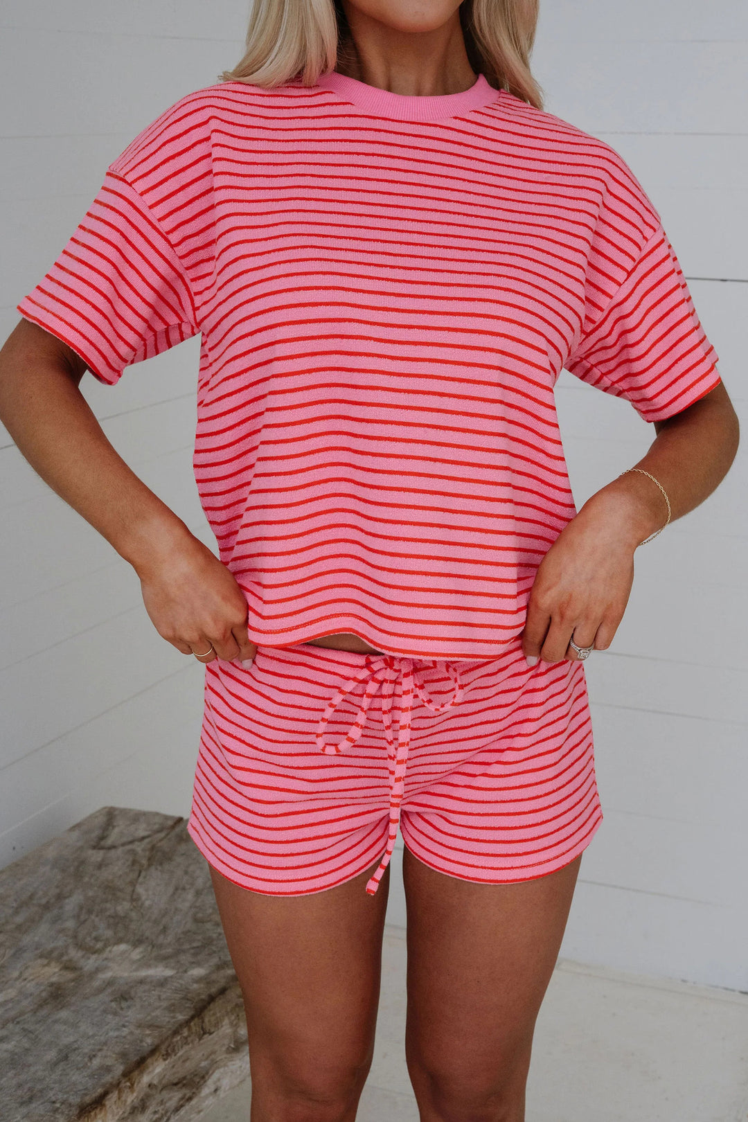 Rose Stripe Side Split Knit Tee Drawstring Shorts Set