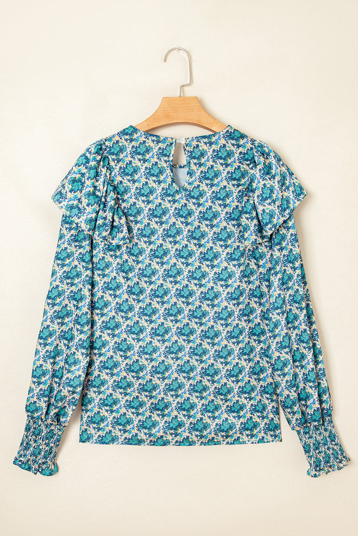 Green Abstract Print Shirred Cuff Puff Sleeve Blouse