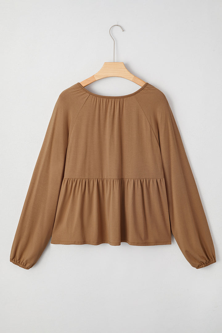 Cinnamon Smocked Bust Buttoned Split V Neck Flowy Blouse