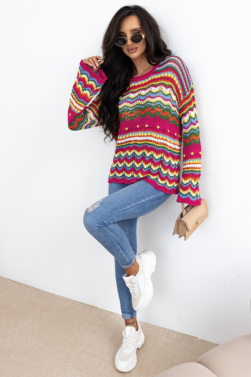 Rose Red Colorblock Striped Hollowed Knit Loose Sleeve Sweater | Women