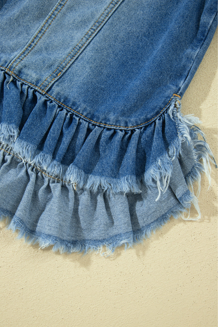 Blue Ruffle Hem Raw Edge Half Sleeve Western Denim Jacket