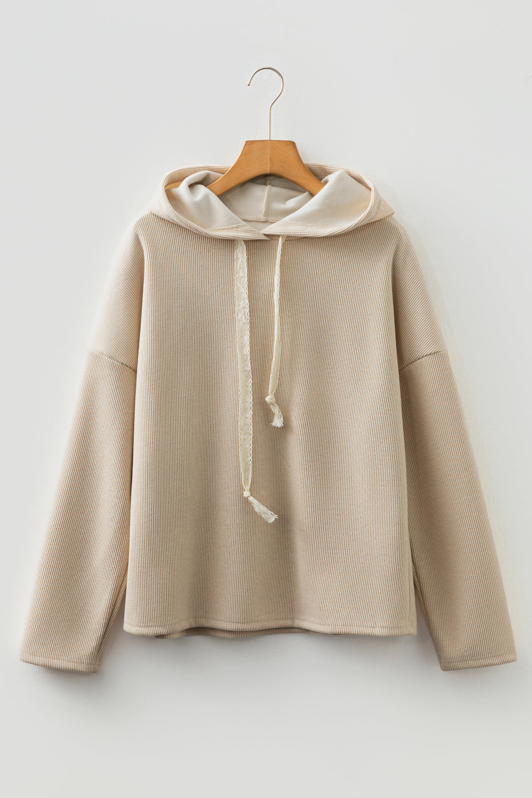 Rose Tan Thermal Textured Lace Drawstring Baggy Hoodie