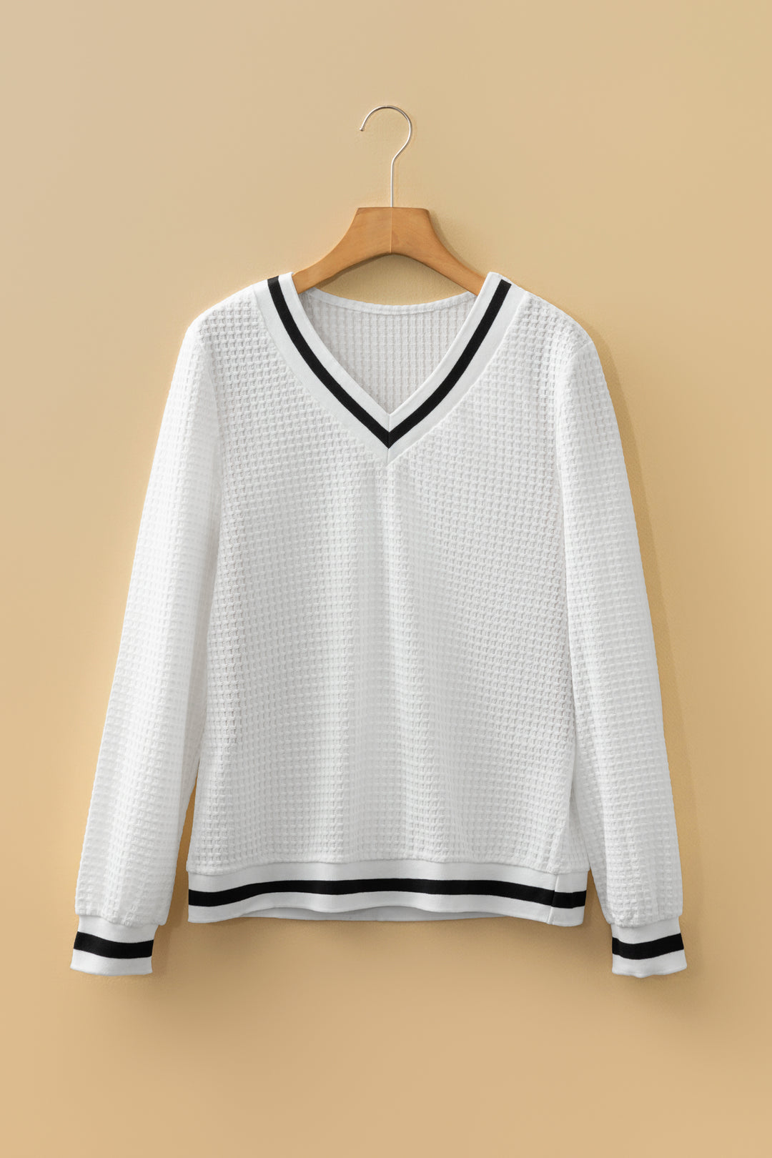 White Textured Knit Preppy Striped Trim V Neck Pullover Waffle Top