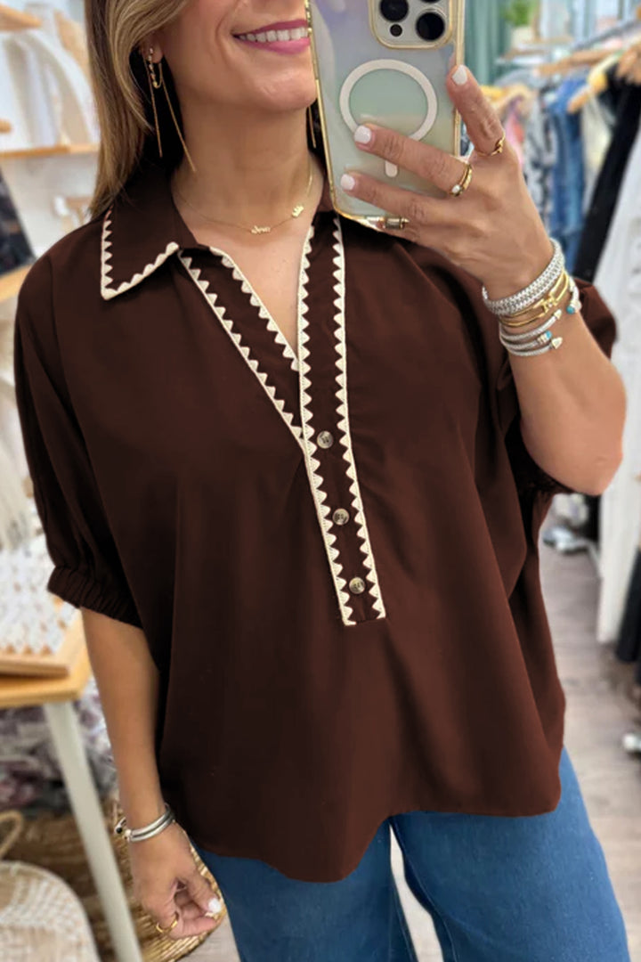 Coffee Shirt Collar Contrast Trim Button V Neck Short Sleeve Blouse