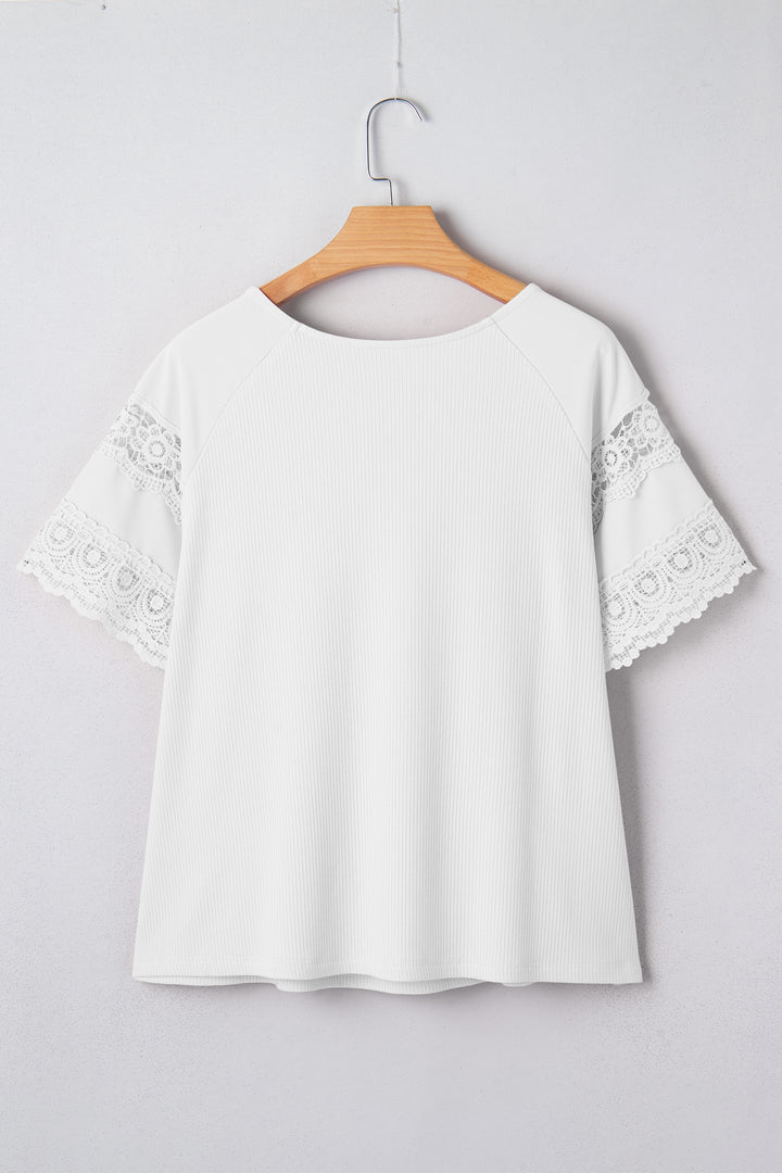 Black Ribbed Lace Patchwork Short Sleeve Top