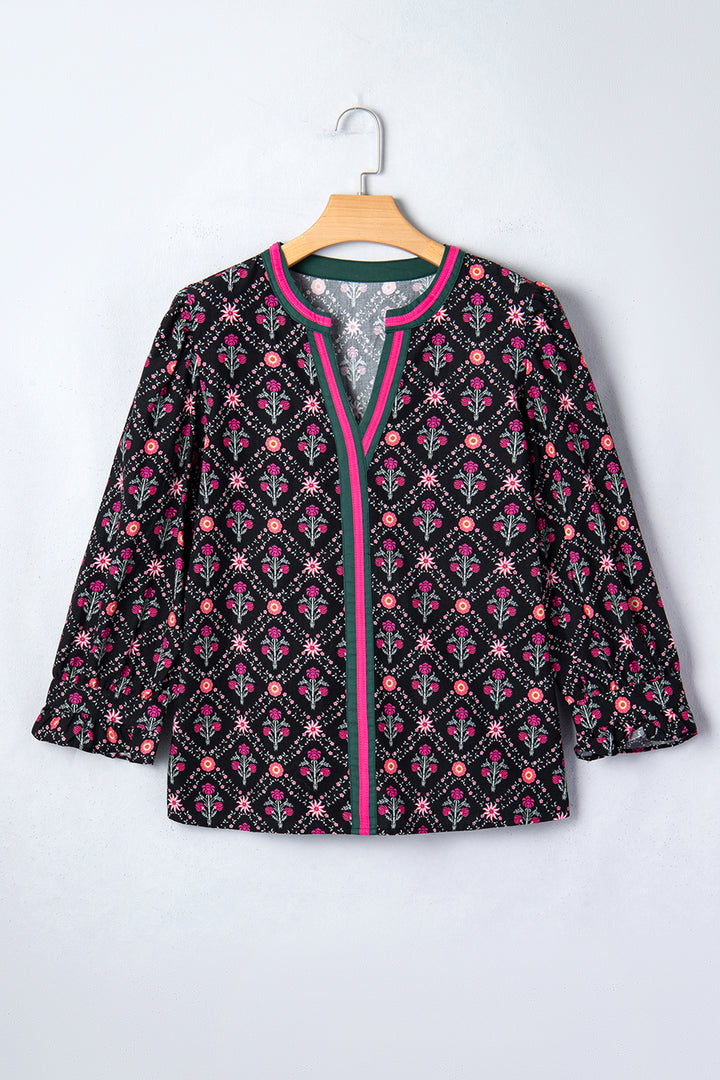 Black Contrast V Neckline Bracelet Sleeve Vintage Floral Blouse