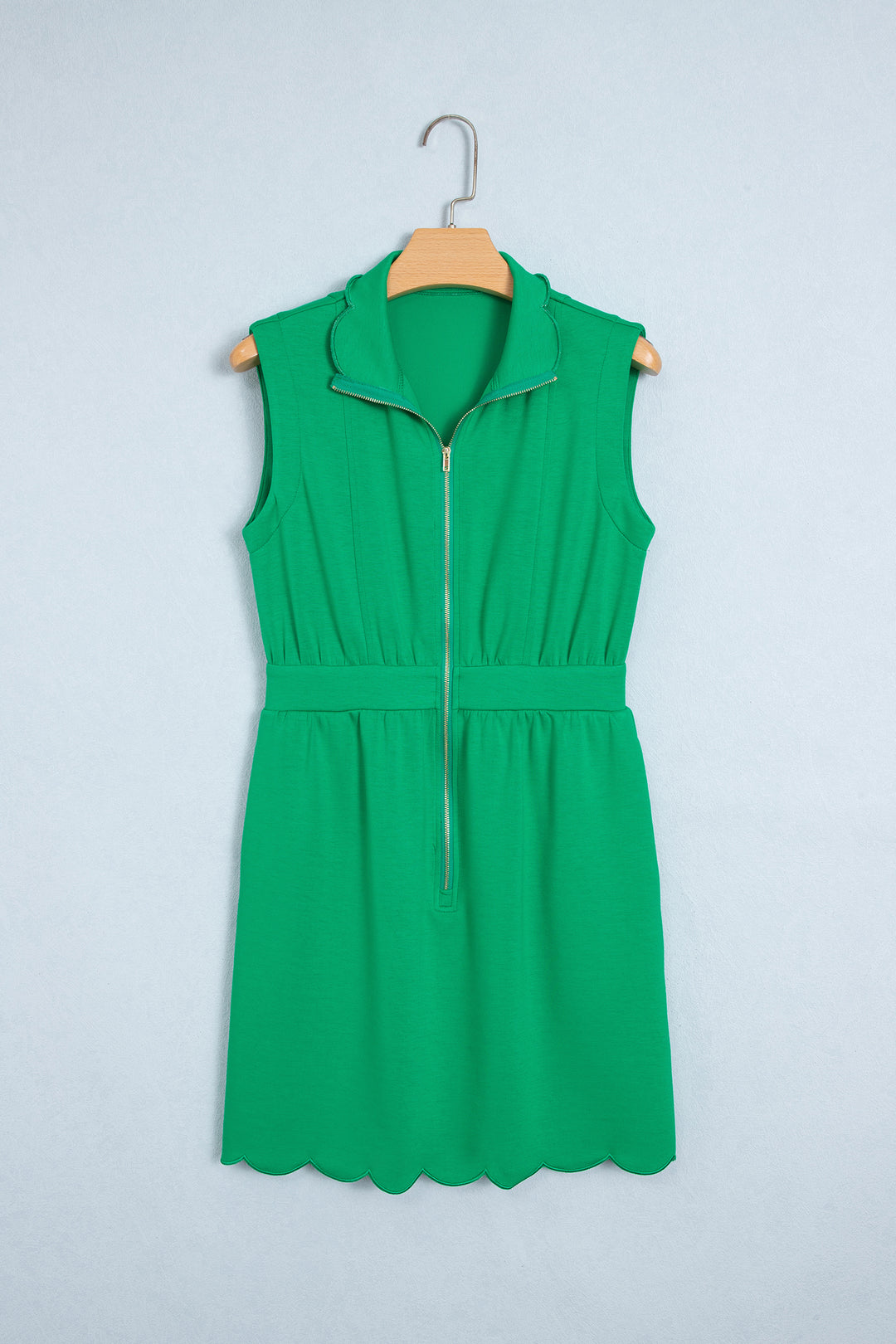 Bright Green Sleeveless Zip Front Scallop Hem Mini Dress