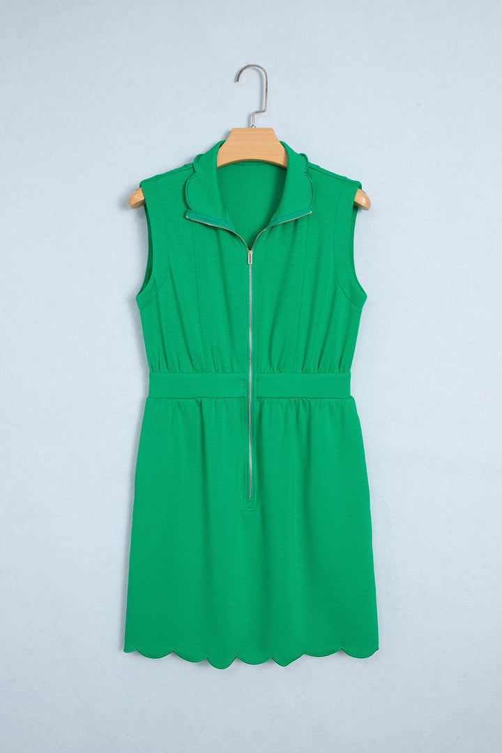 Bright Green Sleeveless Zip Front Scallop Hem Mini Dress