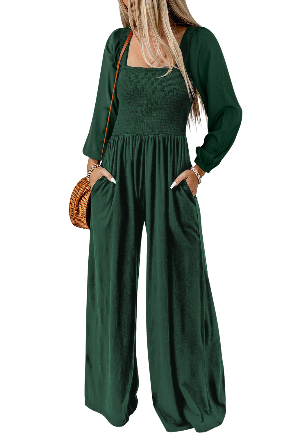 Black Smocked Square Neck Long Sleeve Wide Leg Jumpsuit | Women