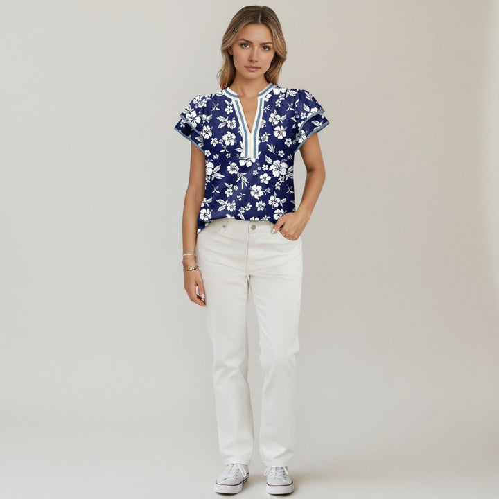 Blue Floral Print Contrast Trim Split Neck Double Ruffle Short Sleeve Blouse