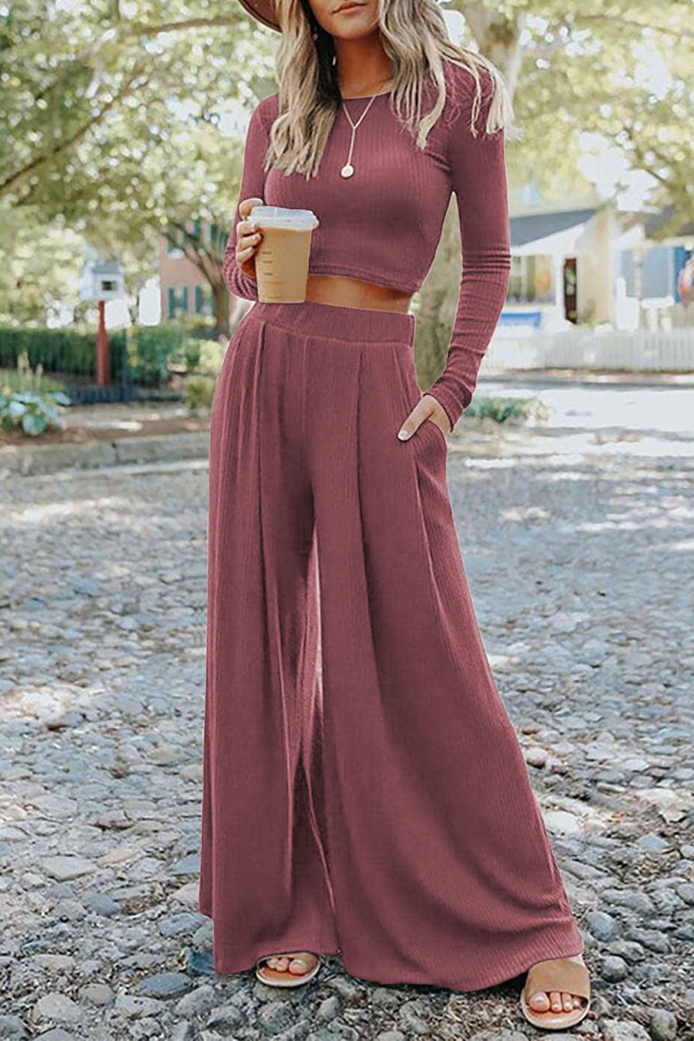 Solid Color Ribbed Crop Top Long Pants Set | Women