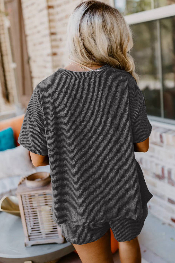 Carbon Grey Ribbed Textured Knit Loose Fit Tee and Shorts Set | Women