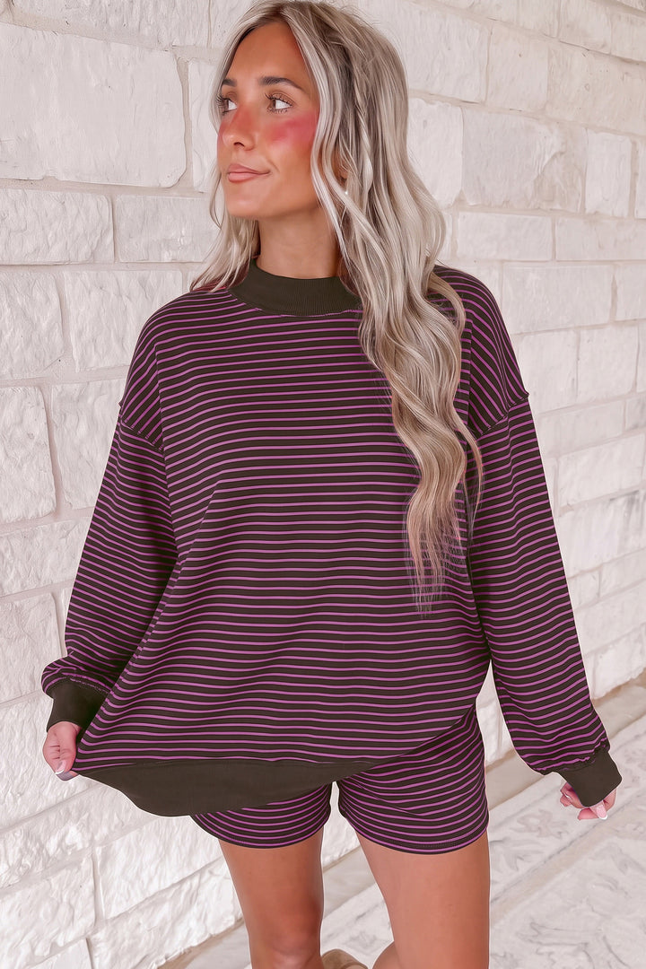Brown Ribbed Patchwork Mock Neck Baggy Pullover Matching Shorts Set