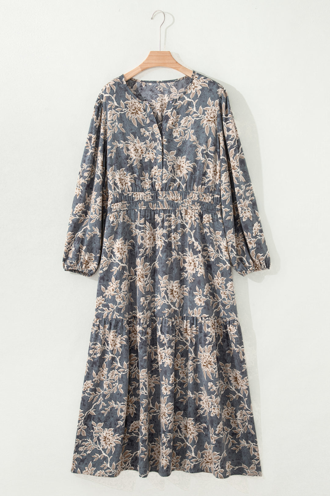 Sky Blue Plus Size Floral Print Split Neck Shirred High Waist Long Sleeve Maxi Dress