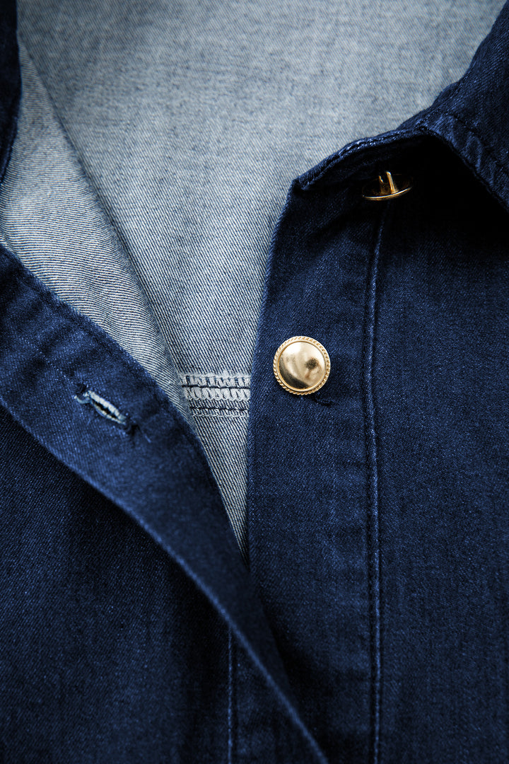 Sail Blue Full Buttons Collared Short Bubble Sleeve Long Denim Dress